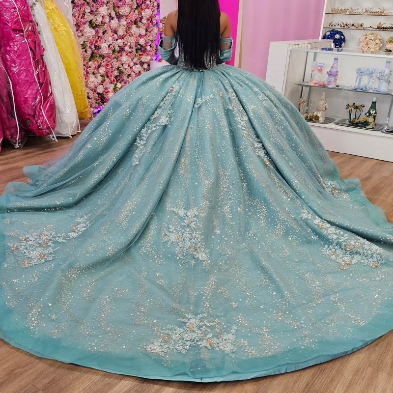 Water Blue Shiny Quinceanera Dresses Ball Gown Off Shoulder Applique Lace Beading Crystal Tull Corset Sweet 16 Dress Vestidos 15 De Anos