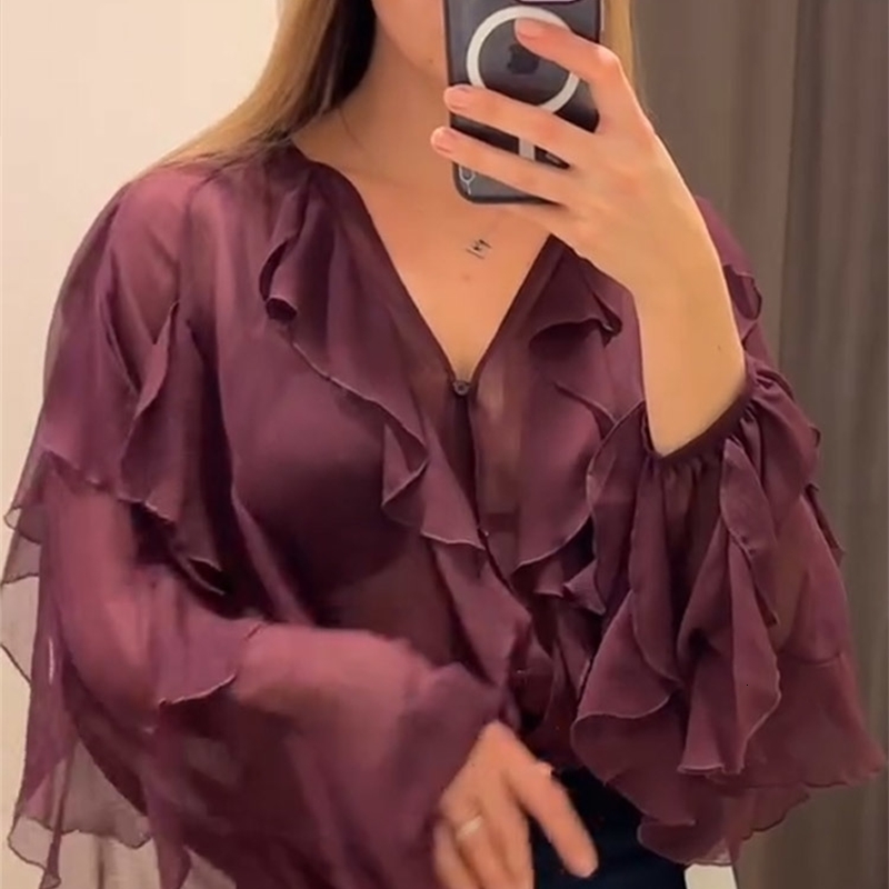 Retro Solid Ruffle Pleated Womens Midi Dress Chic Long Sleeved Vneck Vestidos Ladies Spring High Street Gown 250222