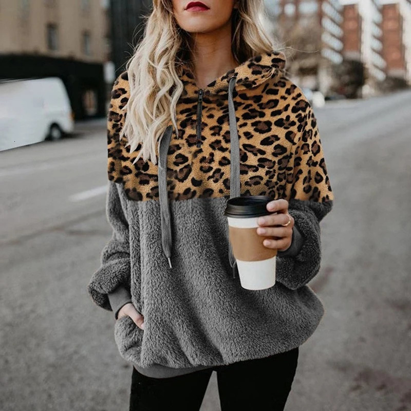 Casual Loose Plush Leopard Patchwork Hoodies Women Zipper Tops Long Sleeve Drawstring Hooded Warm Autumn Sweatshirt With Pockets 250225