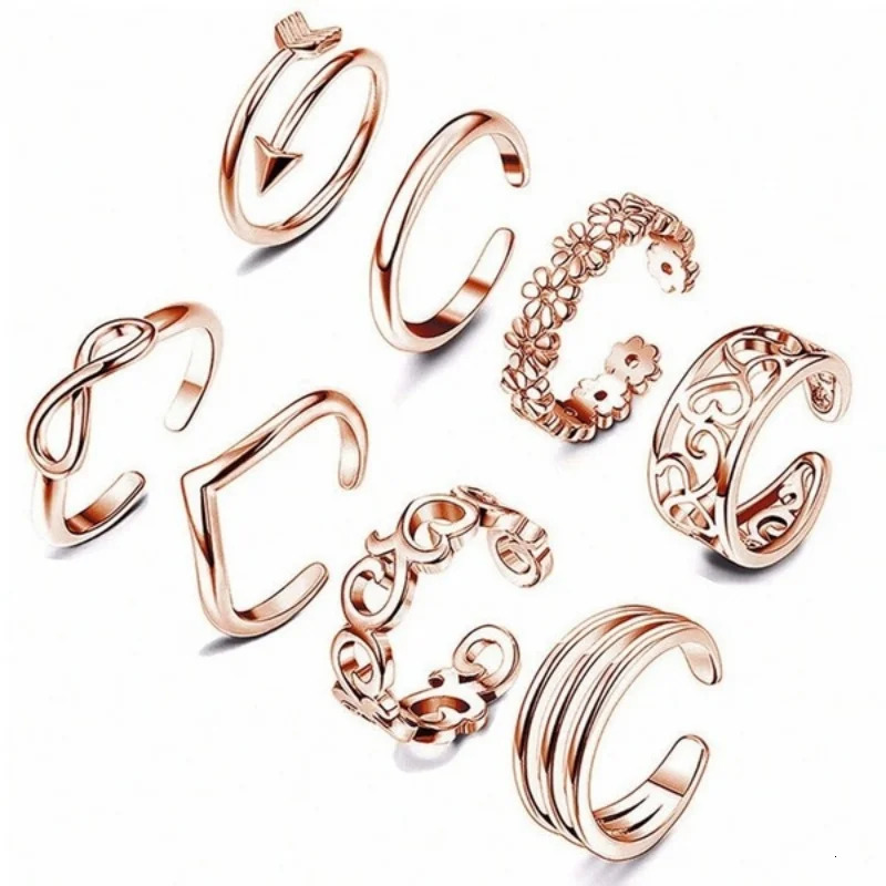 8 Pcs/Set Silver Color Toe Rings for Women Gold Color Adjustable Toe Rings Various Types Band Rings Open Ring Set Beach Jewelry 250218