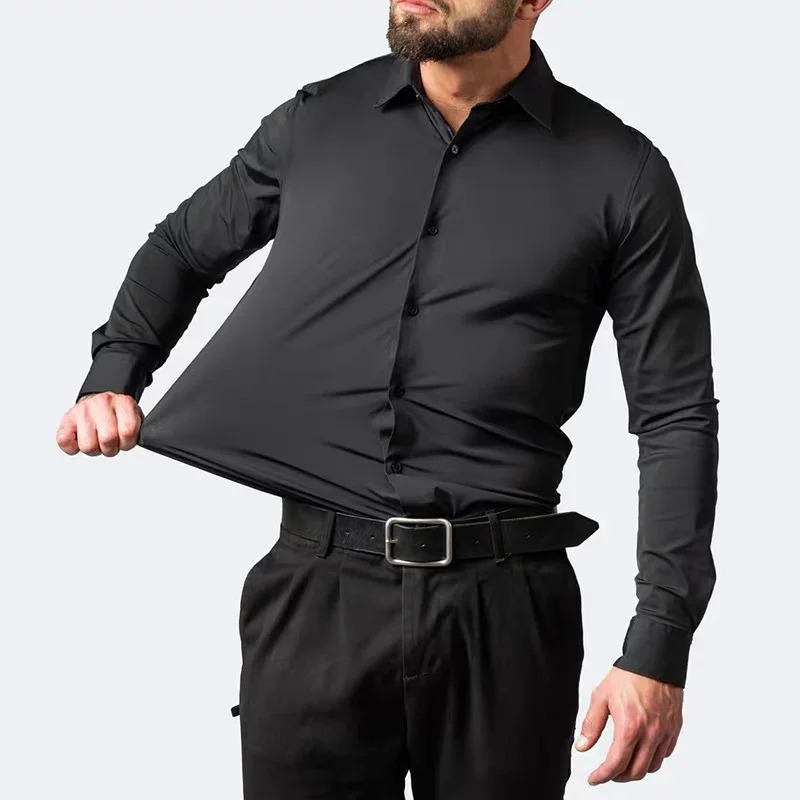 55105KG Mens long sleeved elastic shirt non ironing business dress professional work attire stand up collar 250222