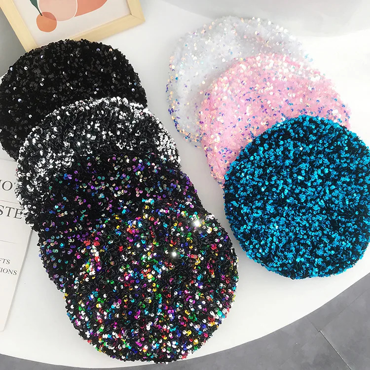 Autmn women lady casual cotton sequins beret cap Girl punk Hip hip rainbow beret British artist pumpkin hats Gorros 250225