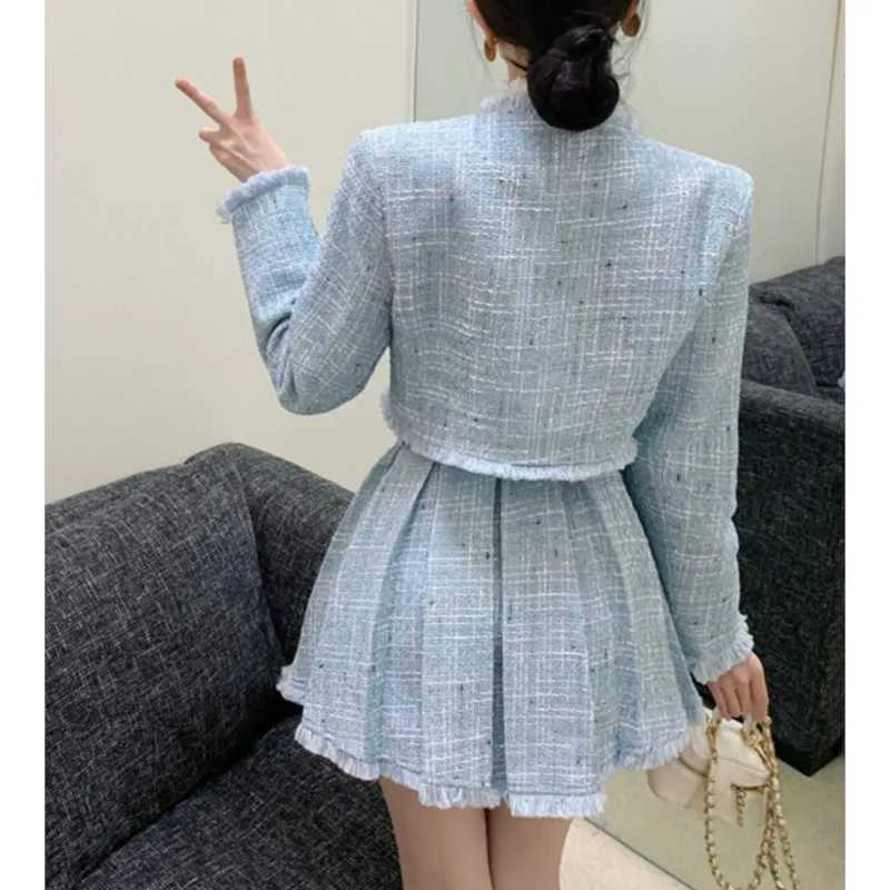 High Quality Tassel Design 2-Piece Sets Women Tweed Autumn New Solid Outfits Long Sleeve Short Jacket Coat + Pleated Skirt SuitsT250224