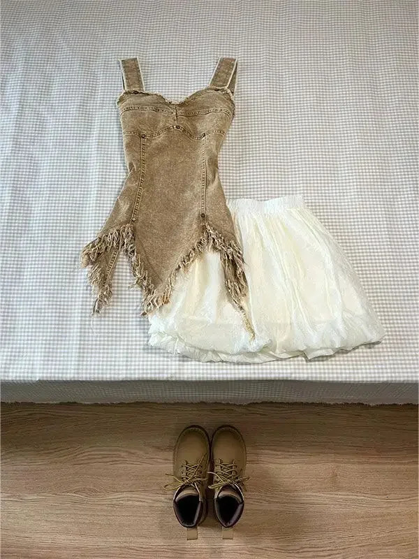 Short Skirt Two Piece Maillard Color Irregular Raw Edge Suspender Denim Top Summer Waistless Half Length Princess Skirt 250224