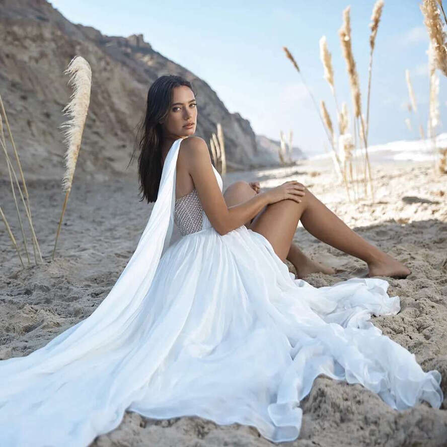 Chiffon Beach Wedding Dress One Shoulder Beading Boho Bride Sexy High Side Slit Bridal Gowns Custom Made Vestido De Noiva Mariage