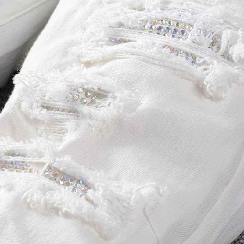 Men's Jeans Sokotoo Mens white crystal holes ripped jeans Fashion slim skinny rhinestone stretch denim pants z250225