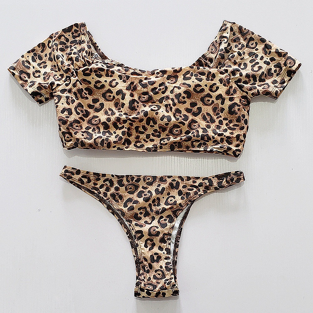 fashion swimwear Brazilian leopard print beautiful buttocks short sleeved fashionable thong bikini swimsuit