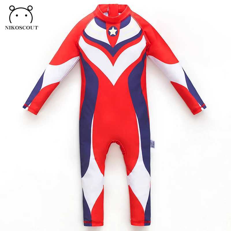 Childrens swimsuit for boys elementary school boys teenagers long sleeved sunscreen one-piece cartoon style new swimsuit for older children X250224