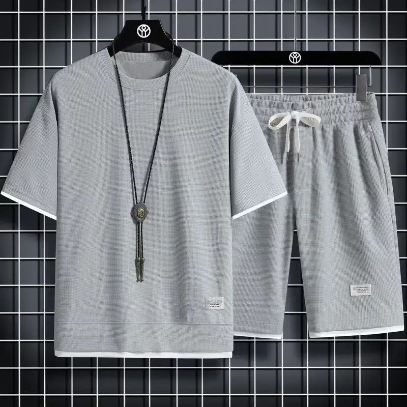 Casual Sportswear Loose-Fit Mens Summer Outfits Korean Trendy Short Sleeve T-shirts 2-Piece Sets 250318
