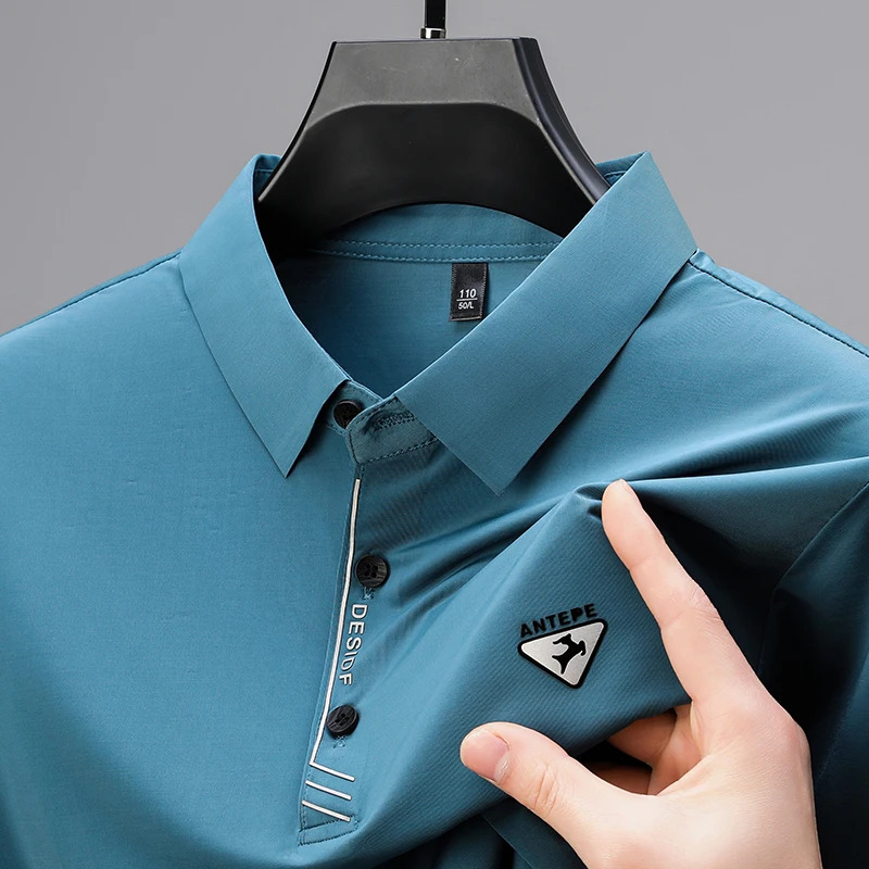 High end polo shirt mens short sleeve fashionable deer emboss top summer ice silk seamless casual breathable T-shirt 250222