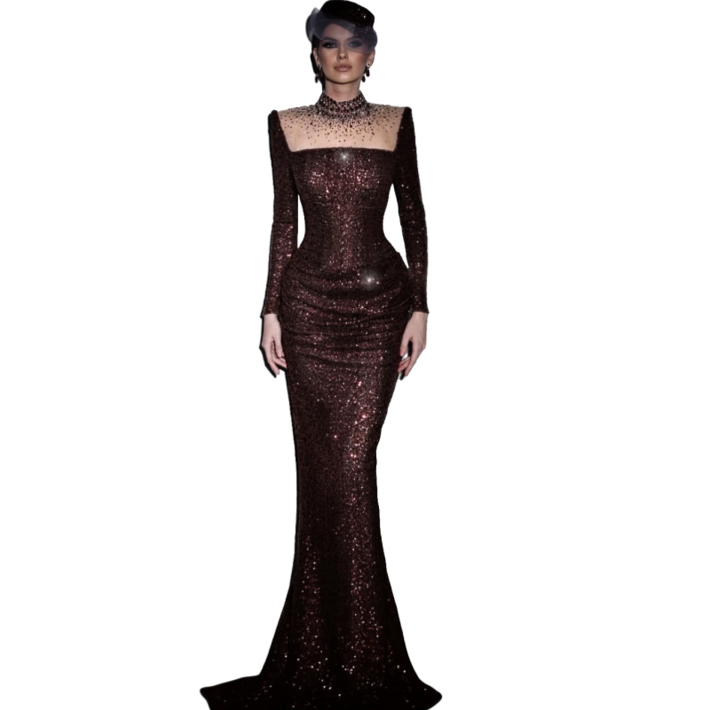Sparkly Sequined Evening Dresses Beaded High Neck Long Sleeves Shiny Mermaid Prom Dress Sweep Train Formal Occasion Gown