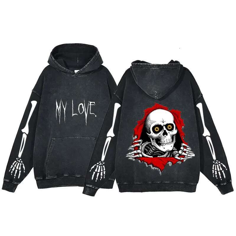Acid Washed Anime Hoodie Women Fashion Sweatshirts Skeleton Printing Winter Streetwear Oversized Y2k Loose Casual Pullovers Tops