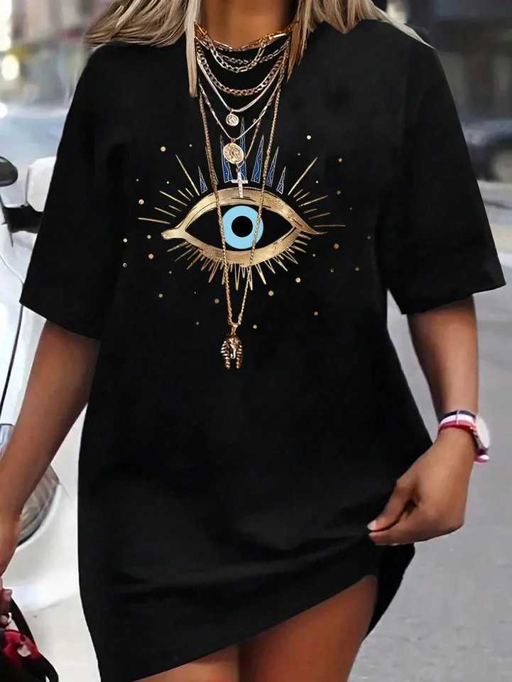 Totem print loose plus size summer womens clothing Suower print casual slim fit short sved round neck mini dressXJ250224