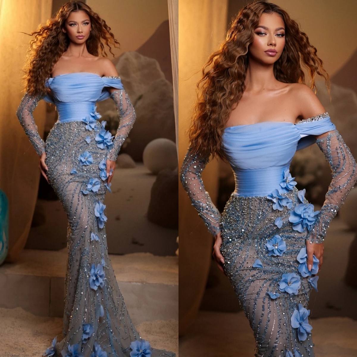 Fancy Evening Dresses Off Shoulder Prom Gowns 3D Flowers Sequins Beading Custom Made Mermaid Rhinestone Formal Occasion Party Dress Sweep Train