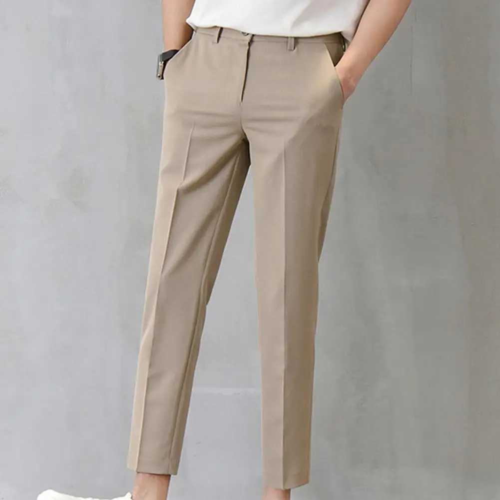 Mens Slim Fit Business Trousers Straight Leg Mid Waist Trousers Ankle Length Zipper Work Pants Solid Color Suit Pants W250225
