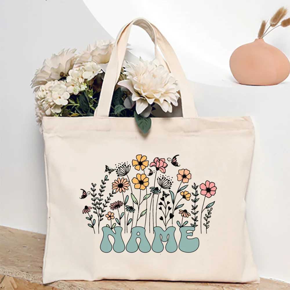 Personalized Flower with Name Tote Bag Women Canvas Shoulder Bags Monogram Shopping Bag Handbags Birthday Wedding Gifts For Her Z250224