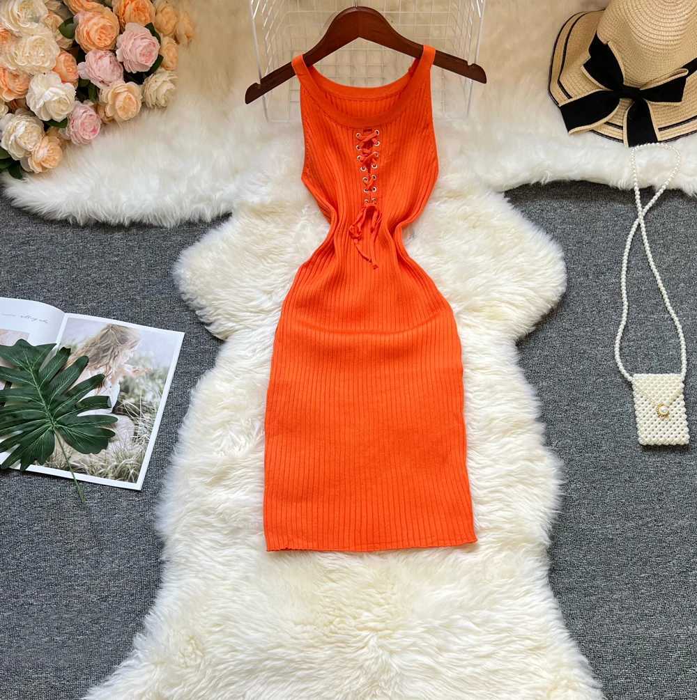 Yuooo Ins hot sexy bandage knitted mini dress summer ultra-thin elastic body womens streetwear sexy bag Hips VestitosXJ250224