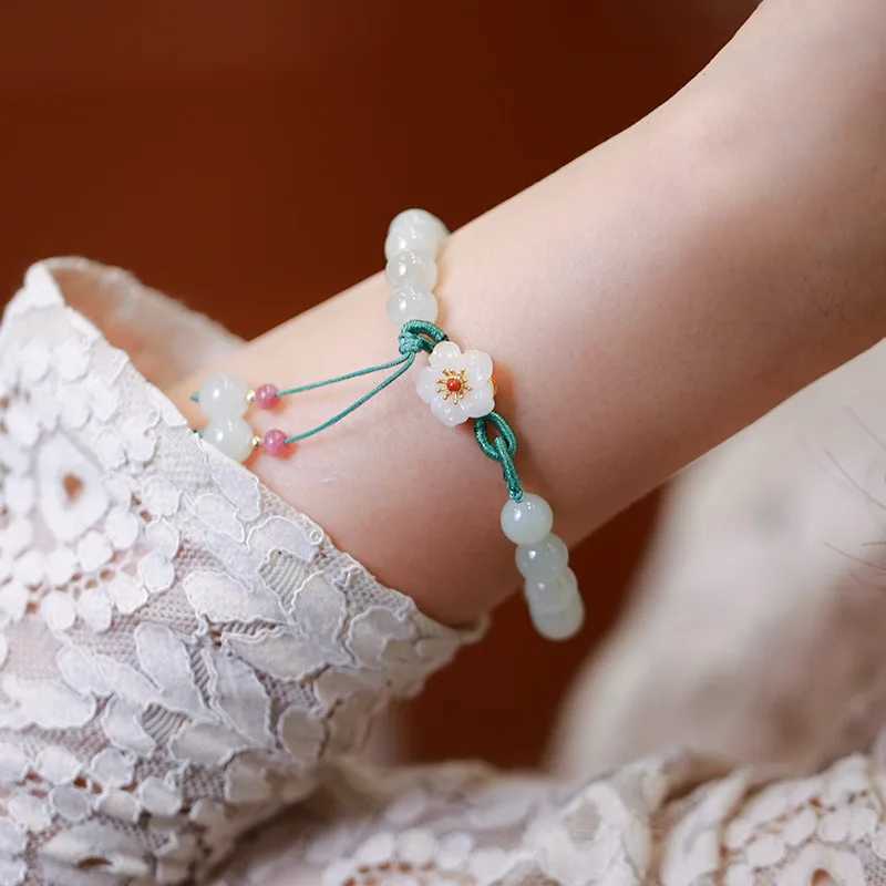 Jade Beads Small Peach Flower Woven Bracelet Female Minority Design Students Best Friend Gift Beads Bracelet Ins KnittingXJ250225
