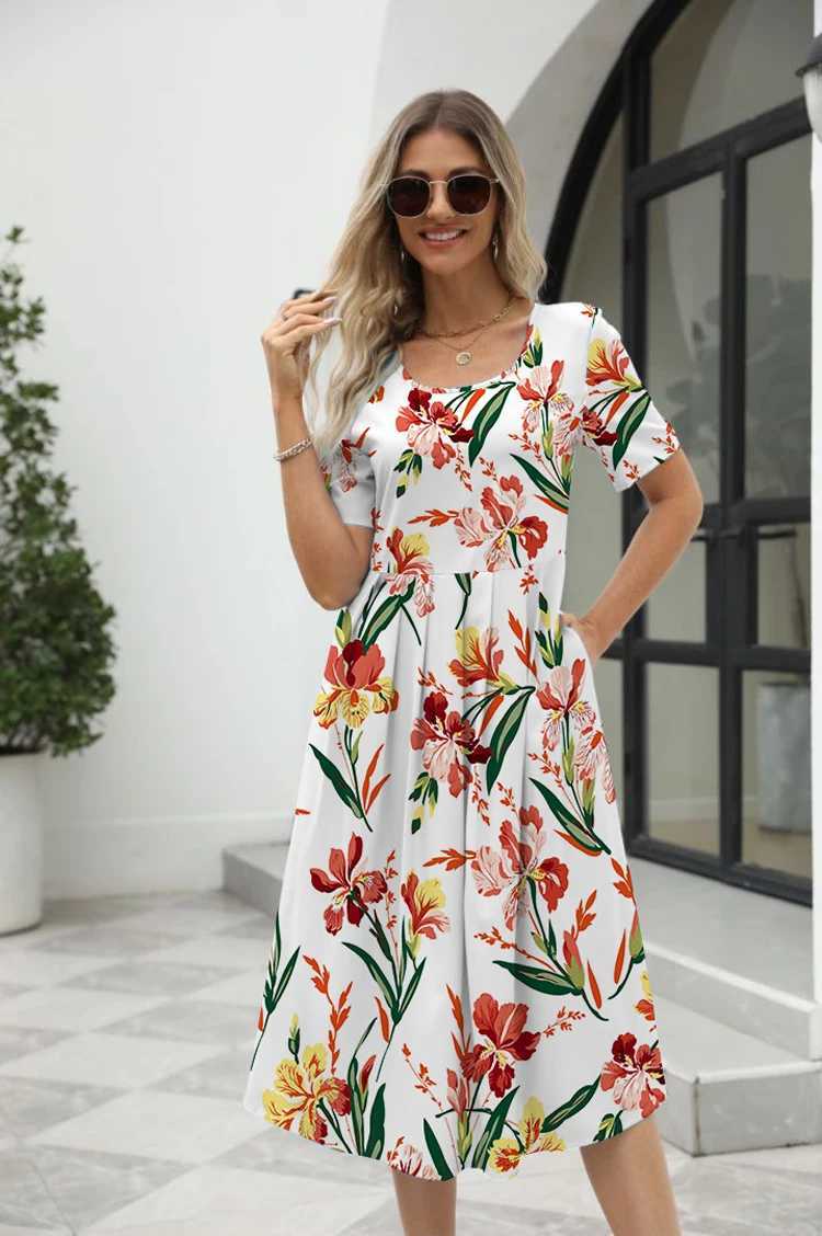 2024 European and American Summer New Womens Ele Printed Round Neck Short Sve Zipper DressXJ250224