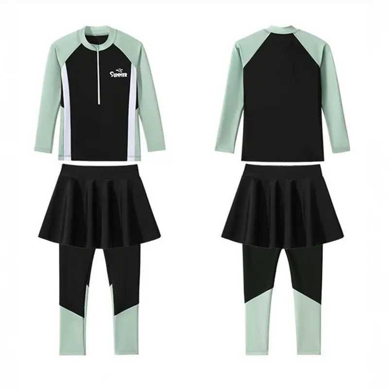 3 Pcs Children Girls Swimsuit UPF 50+ Sun Protection Long Sleeve Swimming Top + Skirt + Panty Sunsuit Beachwear Holiday Clothing X250224
