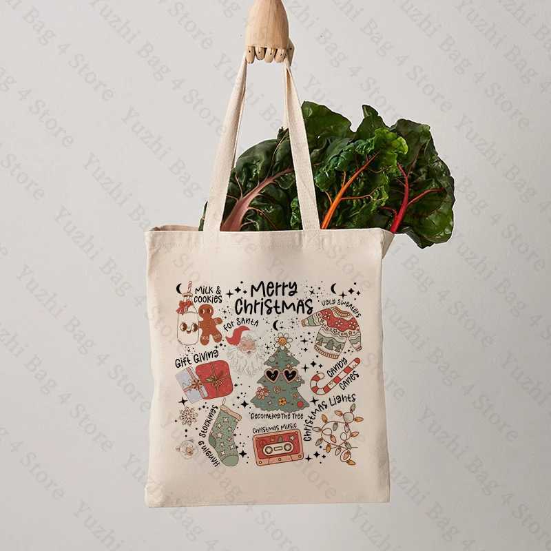 Merry Christmas Pattern Canvas Tote Bag Santa Claus Christmas Elements Graphics Best Gift for Xmas Womens Reusable Shopping Bag Z250224