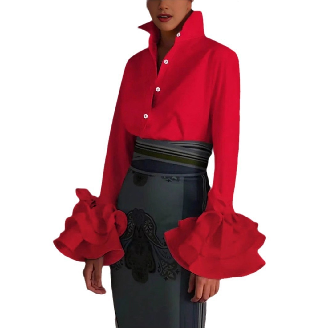 Womens Shirt Elegant Plain Mock Neck Tie Arm Trumpet Sleeve Shirt Office Lady Blue Fashion High Quality Long Sleeve Blouse 240805