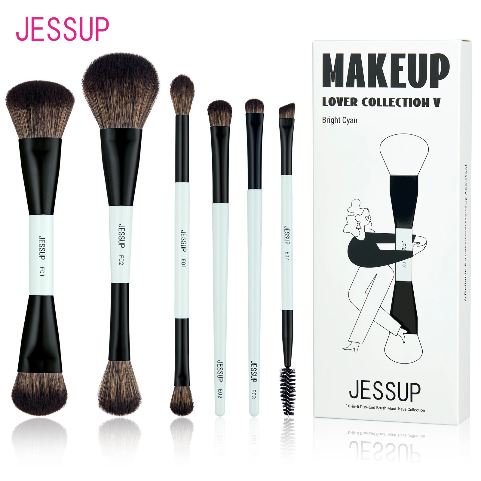 Jessup Makeup Brush Set Double Sided Makeup Brushes Foundation Contour Blush Blending Eyebrow ShadowFiber Bright Cyan T501 250224