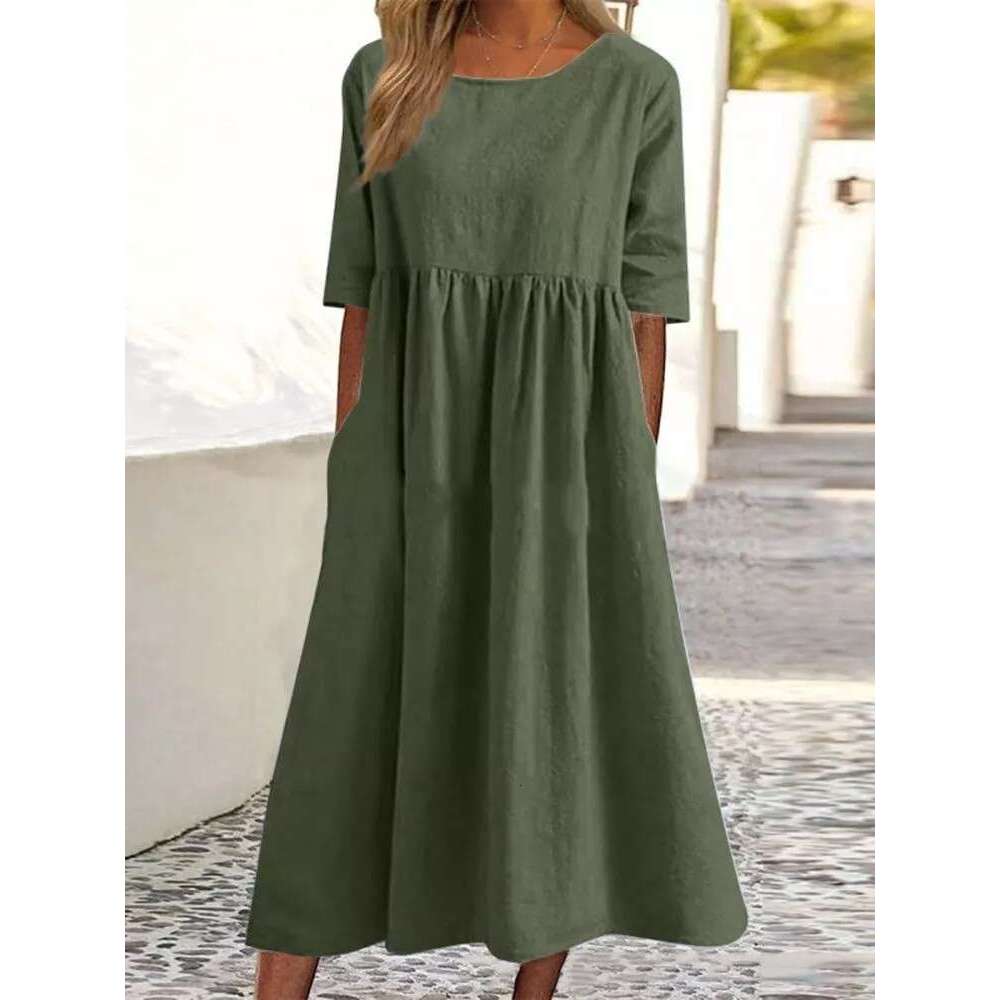 Spring/Summer New Round Neck 5-Cent Sleeve Large Casual Loose Long Solid Color Cotton And Hemp Dress