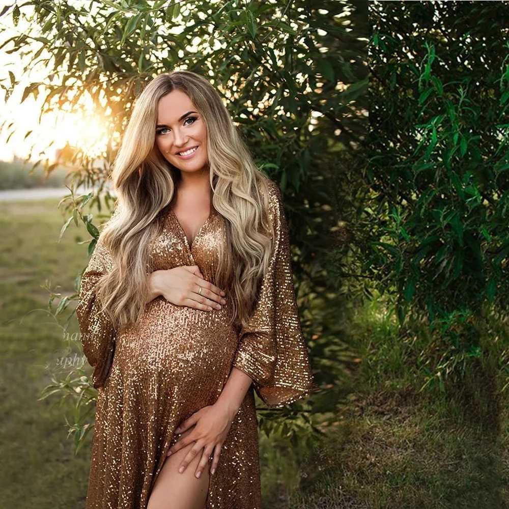 Boho Maternity Dress Sparkling Sliver For Photography Maternity Photography Outfit Maxi Gown Pregnancy Women Long Dress X250224