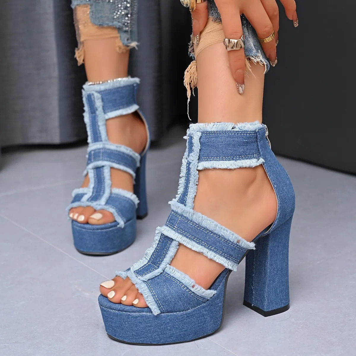 Summer Women Sandals Platform Blue Denim Ankle Strap High Heels Shoes for Women Fashion Outdoor Sexy Peep Toe Sandals Women 250218