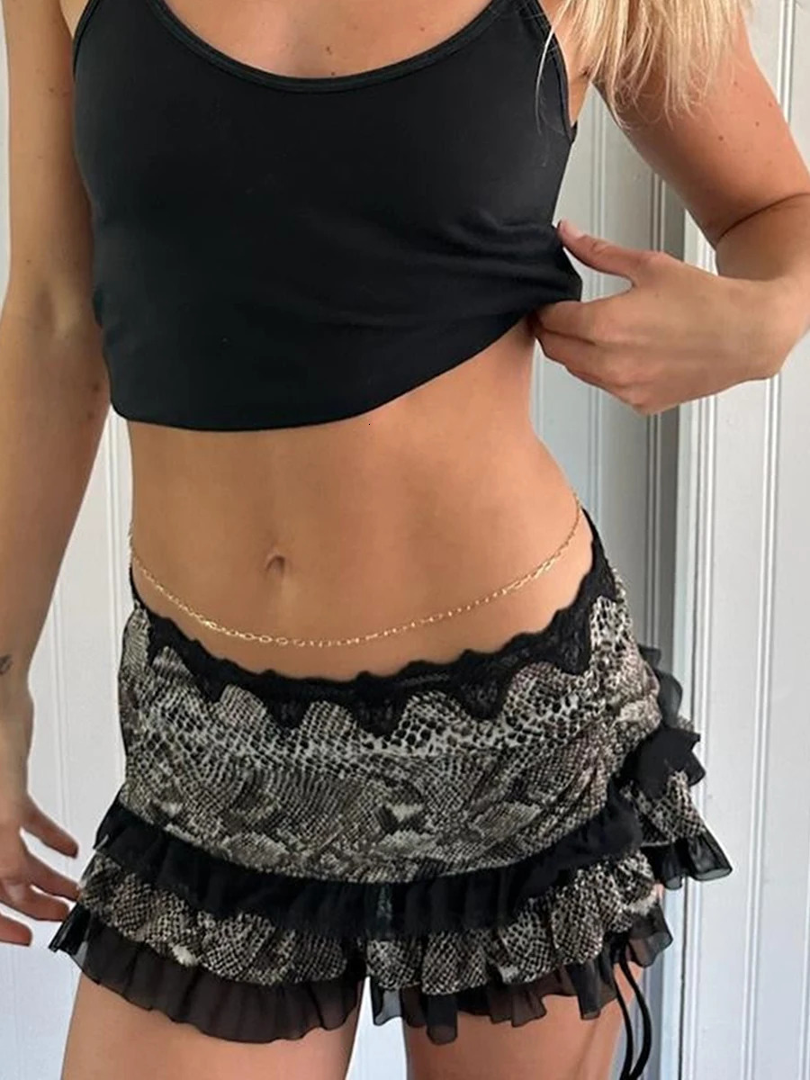Y2K Fairycore Skirt Leopard Drawstring Harajuku Streetwear Gothic Retro Mini Skirt Hip Hop Low Rise Skirts Punk Fashion Dress 250225