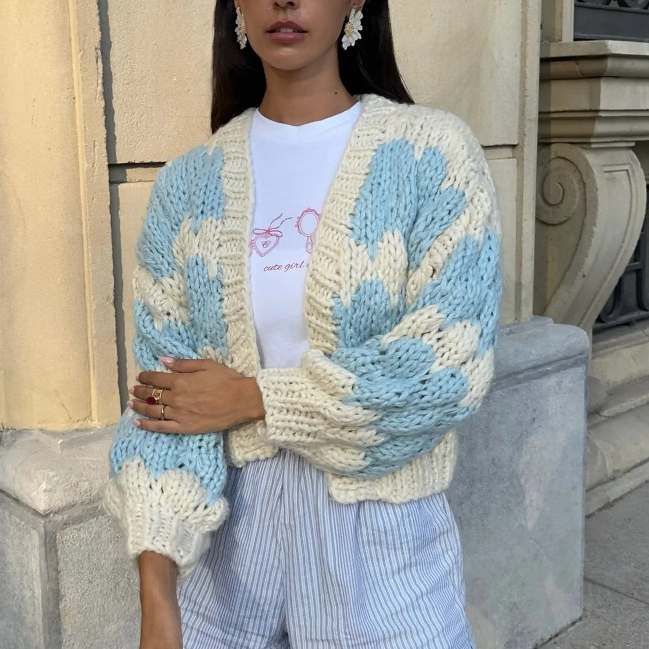 Imcute Women Oversized Cardigan Sweaters Color Block Long Sleeve Chunky Knit Sweaters Coat Y2K Open Front Colorful Cardigans 250225