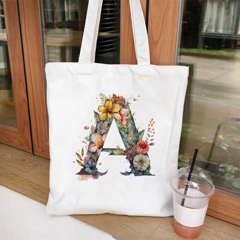 Casual Large Capacity Womens Handbags 26 Alphabet A-Z Shoulder Bags Shopper Canvas Letter Fashion Flower Trend White Tote Bags Z250224