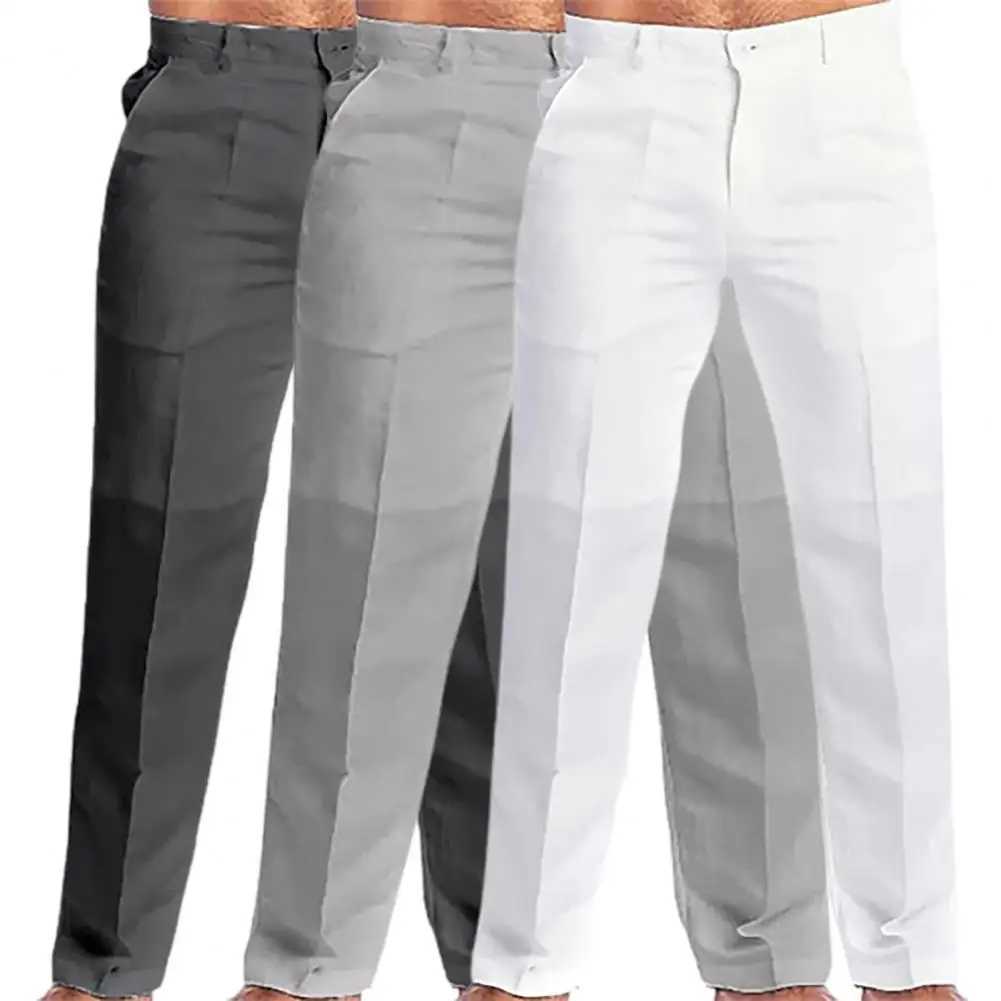 2023 Mens Stand Pocket Casual Linen Pants Solid White Gray Trouser Plus Size 3xl Mens Elegant Fashion Sweatpants Men Streetwear W250225