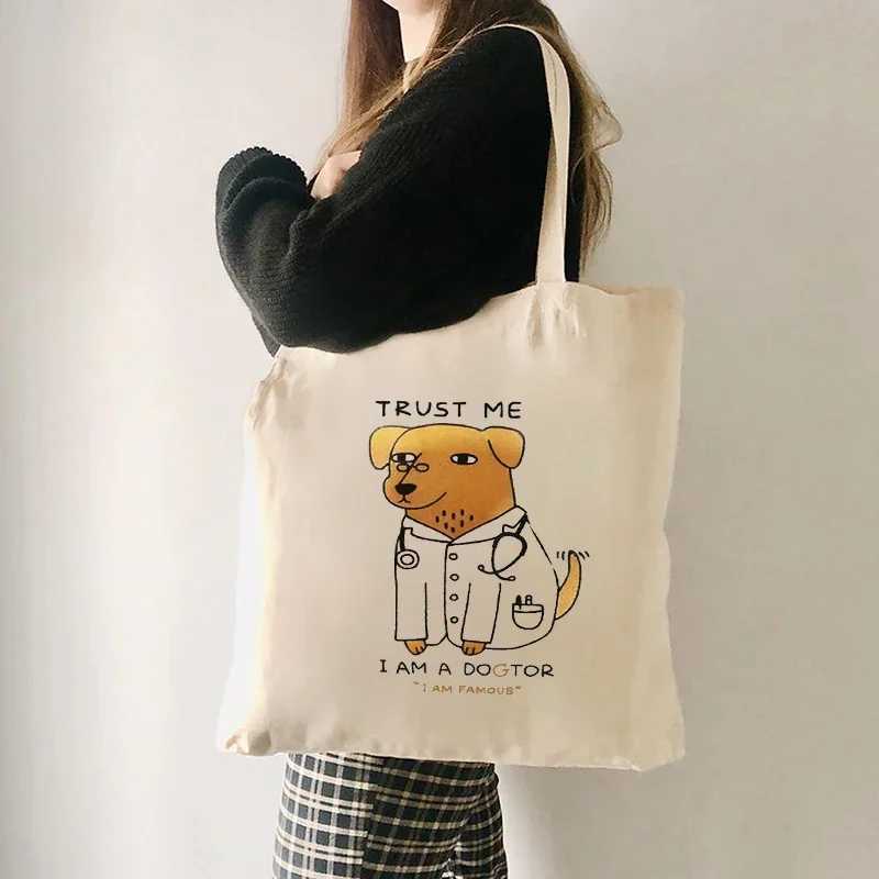 Trust Me Im A Dogtor Pattern Shopping Bag Funny Gift Idea for Dog Lover Canvas Totes Humor Dog Doctor Shoulder Bag Handbag Z250224