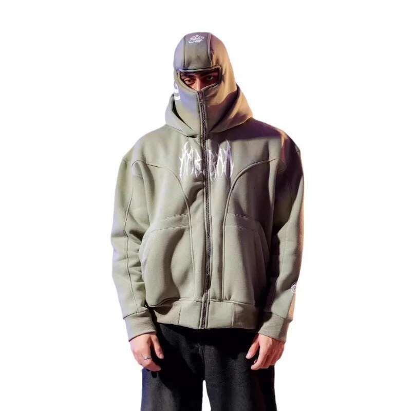 Double hood print hoodies clothing street fashion hip hop Vintage Zip up Hoodie loose casual sweatshirt men clothes tops