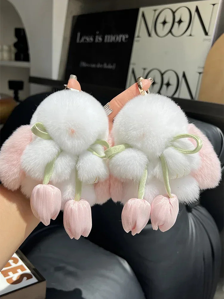 Cute Real Rex Rabbit Fur Keychain Mini Bunny Pendant Women Bag Charm Car Key Ring Ornaments Plush Toy Trinkets Classic Gift 250224