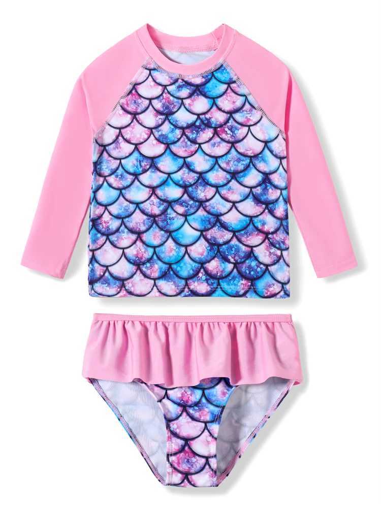 Girls Kids Swimsuit 2025 New Fish scale pattern Long Sleeves Children Swimwear Summer 2 Piece Shorts Beach Bathing Suit Swimming X250224