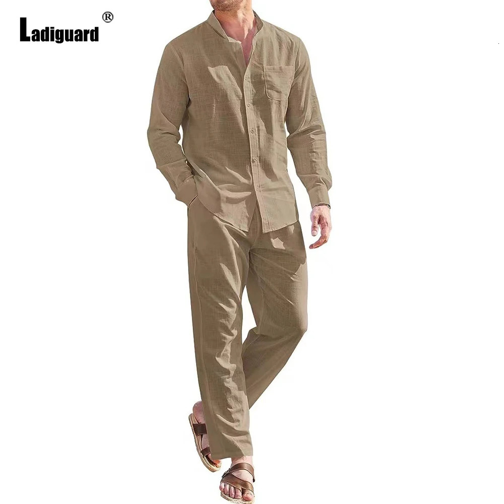 Ladiguard Plus size mens casual linen two-piece set European style basic top and white pants set mens beach track suit set 250222