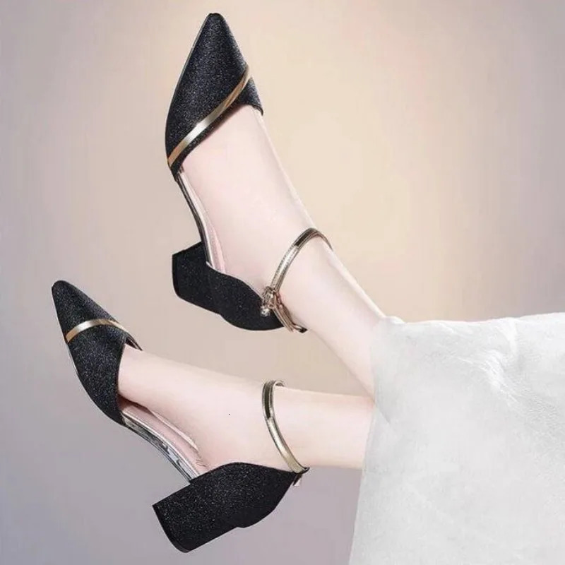 2024 Spring and Autumn Sequin Wedding Shoes Women All Wear Chunky Single Shoes One Line Buckle Bridesmaid High Heels250225