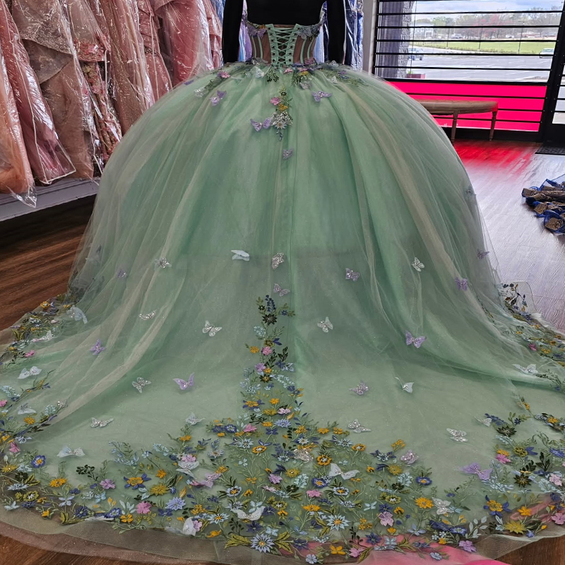 Mint Green Shiny Quinceanera Dresses Ball Gown Off The Shoulder Applique Bow Beads Tull Party Birthday Sweet 16 Dress Vestidos De 15 Anos