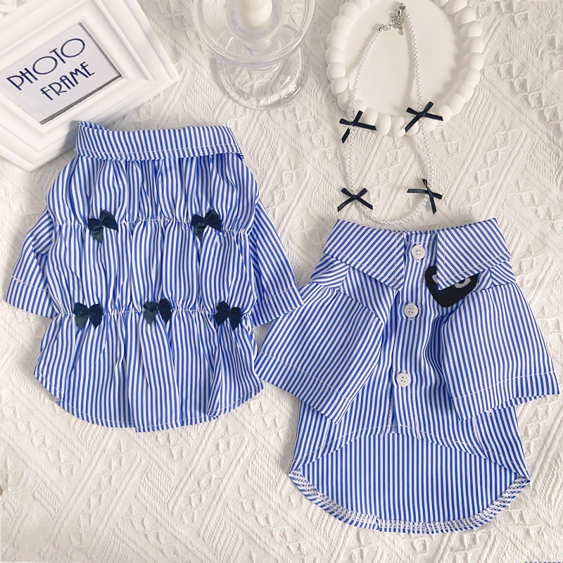 Spring Summer Dog Love T shirt Blue White Stripe Thin Dog Shirt Bowknot Patten In Good Quality
