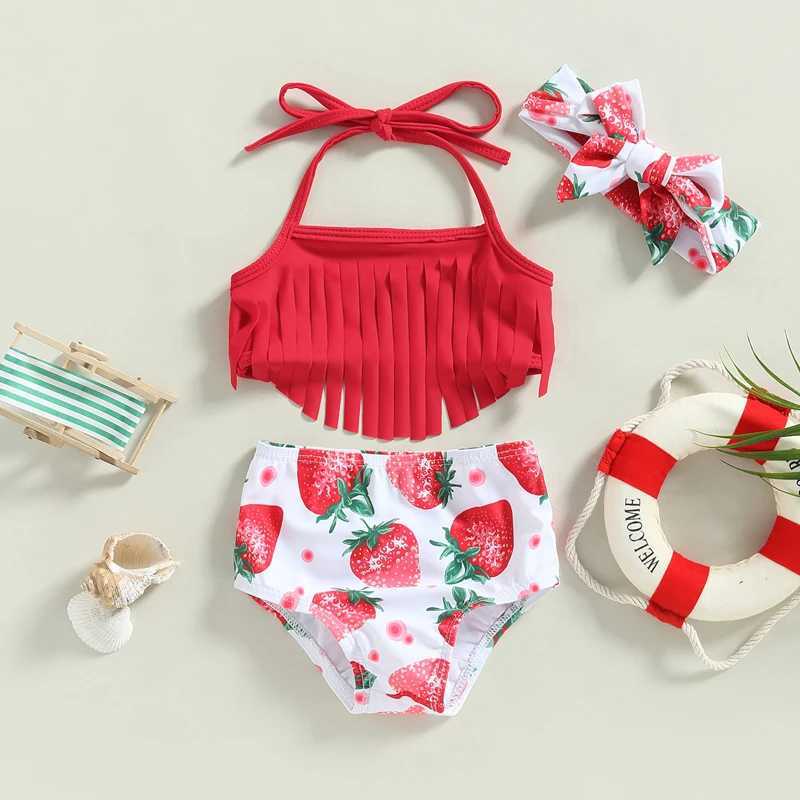 0-3Y Summer Baby Swimwear Girls 3 Piece Halter Bikini Set Strawberry Print Tassel Bathing Suits Toddler Swimsuits Kids Beachwear X250224