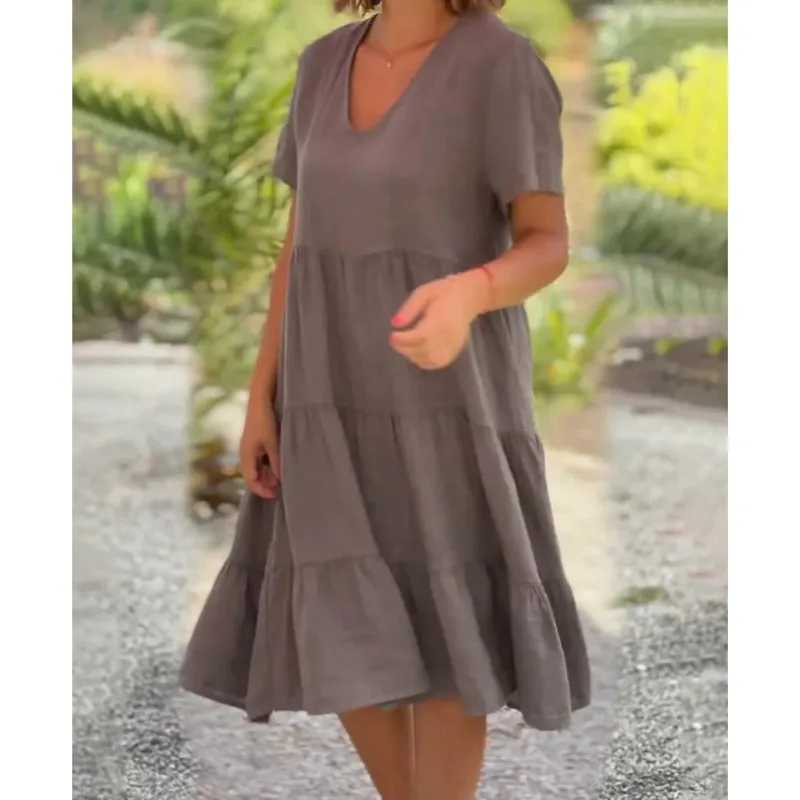 Loose Rose Red Pullover Mid-Length Dress 2024 Summer New Womens Fresh And Sweet V-neck Solid Color Large Swing Casual DressXJ250224