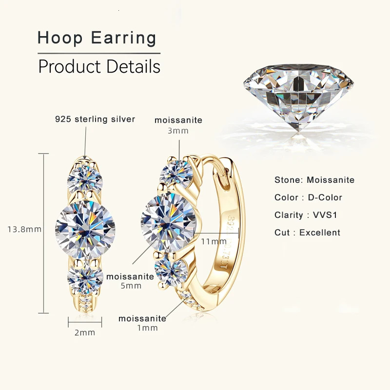 Lnngy Three Stone Earring Original 925 Sterling Silver Hoops Earring For Women Girls Lab Created Diamond Jewelry Gift 250221