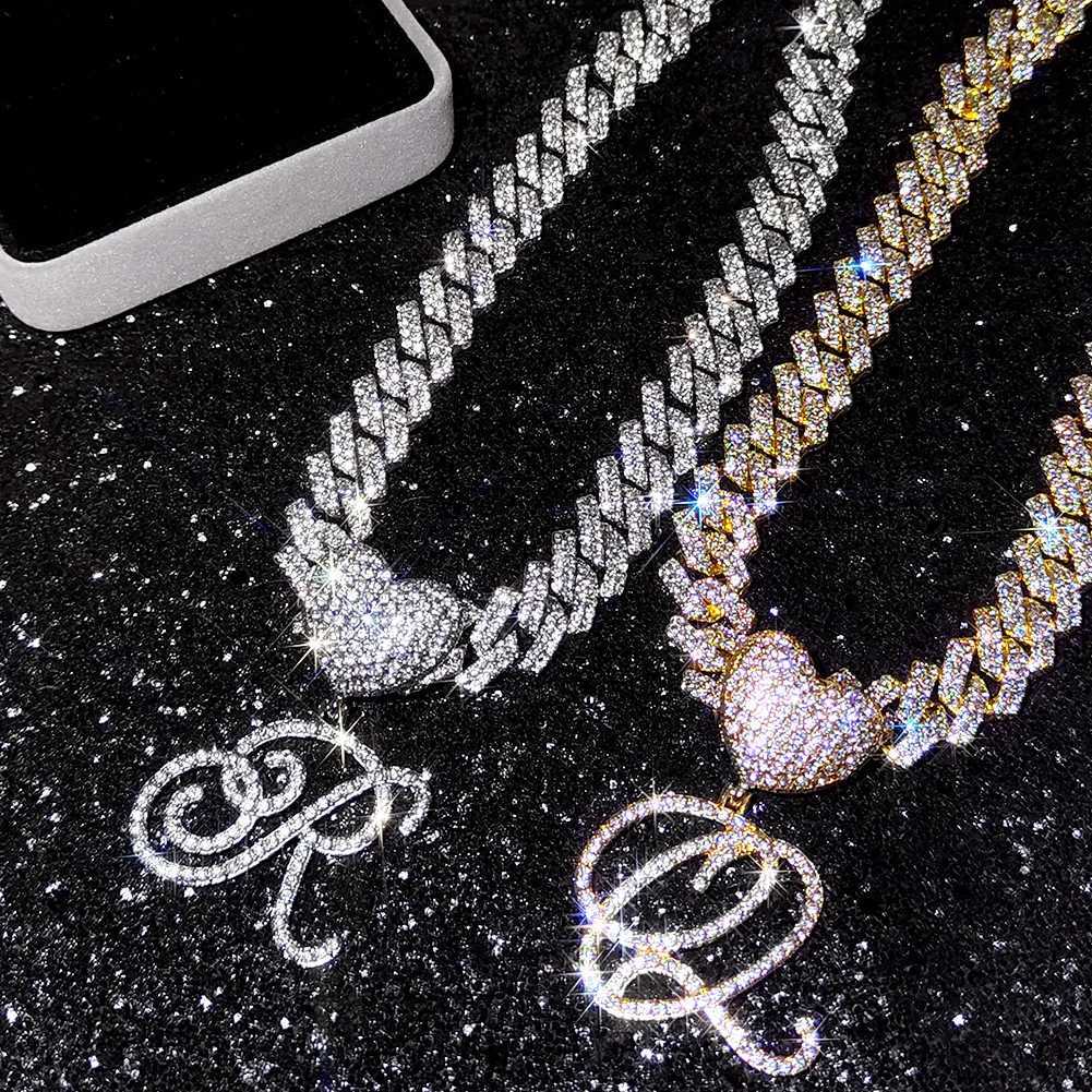Hip Hop Bling d Out Cursive Initial Letter Pendant Necklace for Wen Paved Rhinestone Cuban Chain Choker Necklace Jewelry X250224
