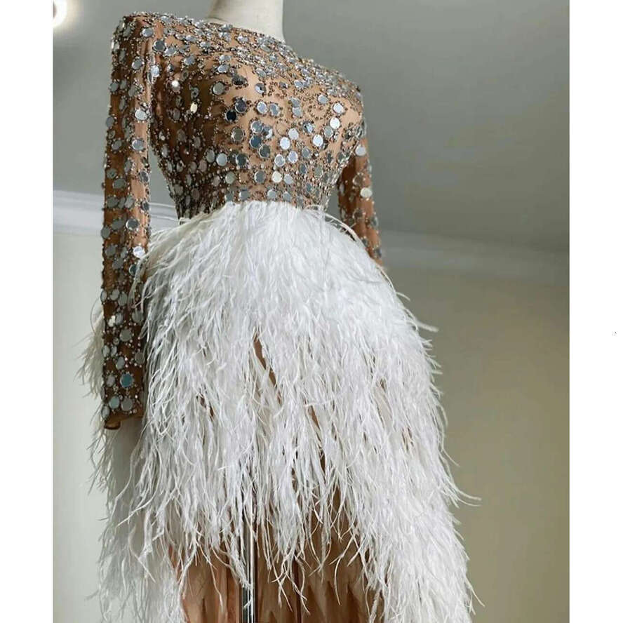 Sexy Illusion Top Evening Dresses With Sequins Hi Lo Feather Skirt Prom Gowns Custom Made Party Celebrity Dress
