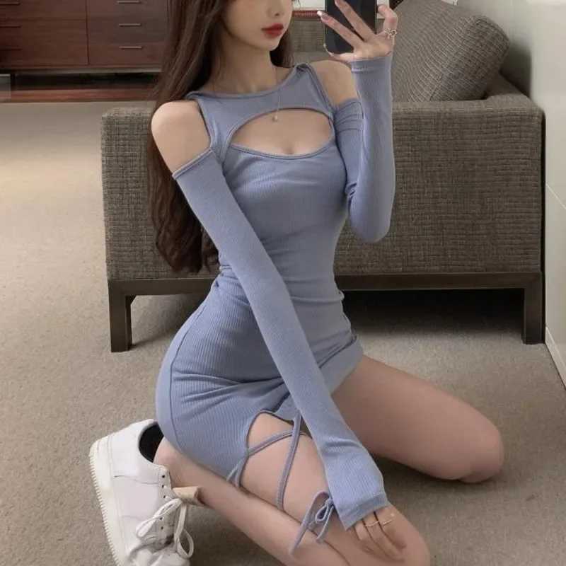 Womens mini dress lace bandage spring summer ultra-thin long sleeved short skirt sexy hollow Ele vest dress bottom dressXJ250224