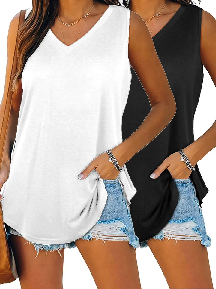 Plus Size Solid Curved Hem Tank Top 2 Packs Casual Sleeveless V Neck Top For Summer Spring Womens Plus Size Clothing 250224