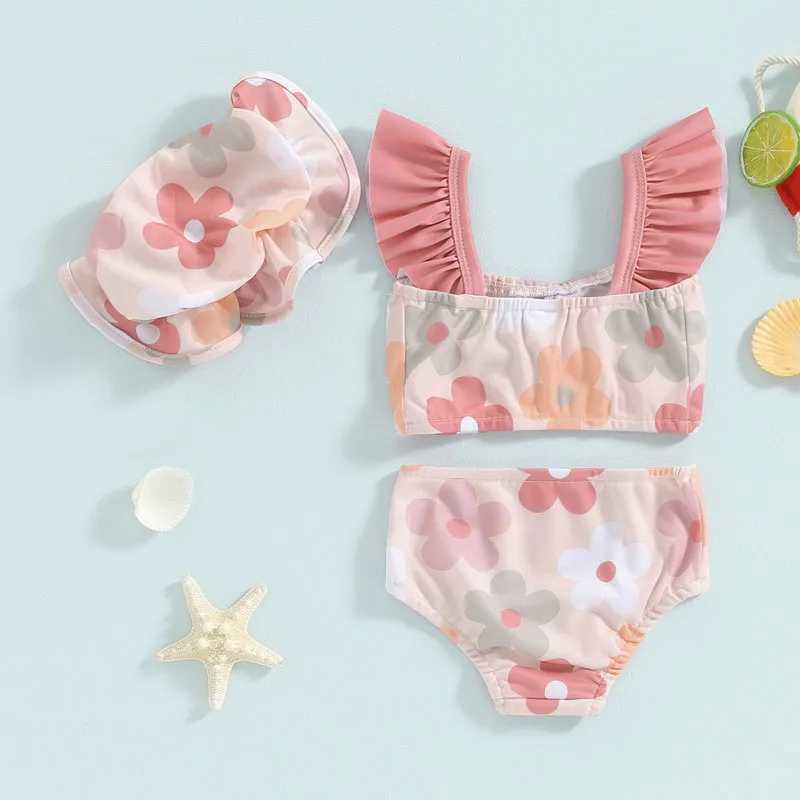 Toddler Baby Girls Summer Swimsuit Floral Print Fly Sleeve Tankini Tops Swim Shorts Swim Cap 3 Pieces Bathing Suit Beach Bikini X250224